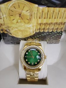 Original Box Certificate 18K Gold President Male Watches Day Date Diamonds Green Dial 41mm Watch Men rostfri Diamond Bezel Automatisk armbandsur 88