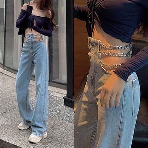 New fashion women's sexy high waist chains patchwork denim jeans hollow out wide leg loose long pants trousers S M L221S