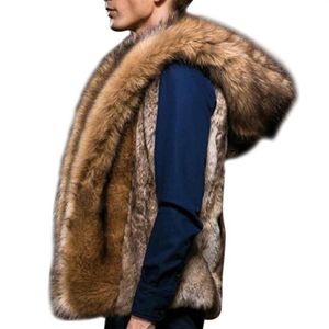 Fashion Winter Men Hairy Faux Fur Vest Hoodie Hooded Thicken Warm Waistcoats Sleeveless Coat Outerwear Jackets Plus Size237d