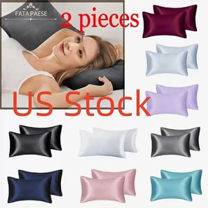 US Stock Silk Satin Pillow fodral för hårhud mjuk andningsbar slät båda sidor Silkeslen täcker med kuvert stängning King Queen Standard storlek 2 st HK0001