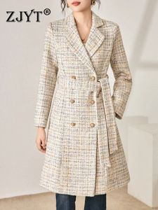 Women's Wool Blends ZJYT Autumn Winter Vintage Long Blend Tweed Jackets and Coats 2023 Elegant Turn Down Collar Outerwear Veste Femme 231017