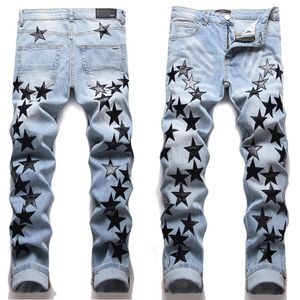 Helt nya män Patchwork Jeans Patch nödställda denim byxor mager fit Slim Stretch Men's Ripped Moto Jean tvättade svarta läderstjärnor broderi storlek 29-38 grå