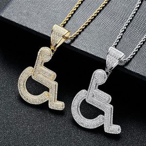 14K Gold Icy Rollstuhl Behinderung Logo Anhänger Behinderte Zeichen Halskette Kupfer Kubikzircon Schmuck für Männer Frauen Geschenke232v