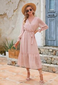 Abiti casual Abito estivo da donna 2023 Stampa in chiffon pieghettato Maxi Lotus Vestidos Flare Manica lunga Lace-Up Party