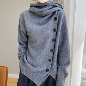 Women's Sweaters 2023 Autumn/Winter Wool Cashmere Sweater Scarf Tie Button Pullover Loose Korean Fashion Knitted Top
