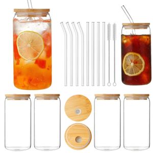 USA CA Warehouse Wholesale Bamboo Lid med halm 16oz 500 ml vattendryck Glas Jar Juice Cup Milk Bottle 4.23