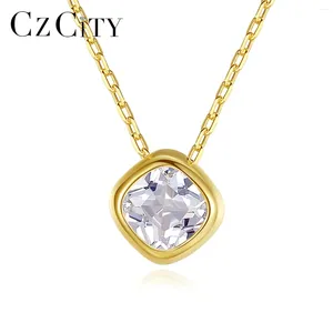 Hängen Czcity Bezel Ställa in Small Square 925 Sterling Silver Zircon Pendant Necklace Women Korean Fashion Trendy Charm Chain Jewelry