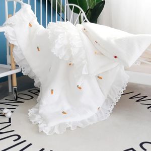 Blankets Swaddling Winter Thick Embroidery White Muslin Cotton Blanket With Lace Baby Swaddle Quilt Comforter Princess Baby Bed Receiving Blanket 231017