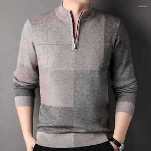 Men's Sweaters Woolen Sweater Half-Height Zip Stand Collar 2023 Autumn Winter Long-Sleeved Korean Style Casual Plaid