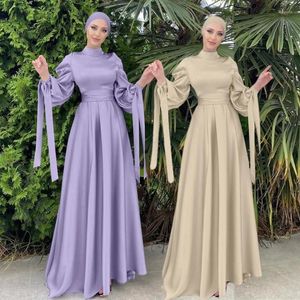 Casual Dresses Vintage Puff Sleeve Evening Party Satin Dress Women Muslim Islamic Clothes Arab Abaya Kaftan Dubai Gown Female Long