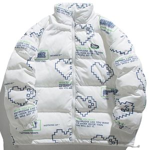 Winter Jacket Bread Coat Pixel Heart Letter Print Winter Coat Loose Thick Couple Padded Jacket