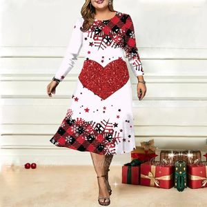 Casual Dresses Red Christmas Theme Dress for Women Color Blocking Print Long SemeVes Autumn Winter Overdimensionerade festkvinnkläder