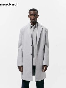 Herr ull blandar Mauroicardi Autumn Winter Warm Soft Light Gray Woolen Coat Män med baksida Single Breasted Luxury Overrock 2023 231017