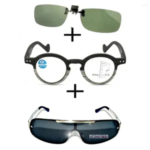 Solglasögon 3st !!! Wood Anti Blu Light Progressiva läsglasögon för män Kvinnlig legering Polariserat utomhusklipp