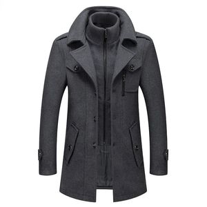 Misturas de lã masculina falso duas peças mistura casaco masculino inverno cashmere fino ajuste de lã peacoat negócio blusão 231017