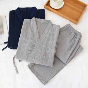 Pijamas masculinos estilo japonês yukata grande tamanho quimono pijama terno todas as estações fino algodão crepe de manga curta lace-up tops calças conjunto