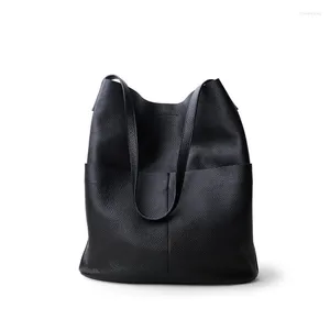 Evening Bags Women Cowhide Genuine Real Leather Bucket Totes Fashion Lady Laptop Handbag Casual Shoulder Simple Soft Messenger Bag For Girls