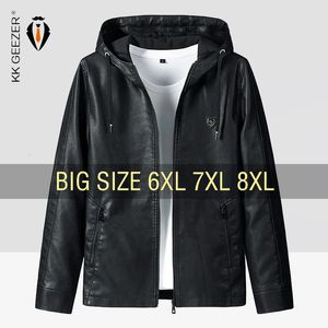 Men's Leather Faux Leather Winter Leather Jacket Men Bomber Oversize Hooded Motorcycle Jackets Plus Size Zipper Coat Black Male Trench Casual 231017