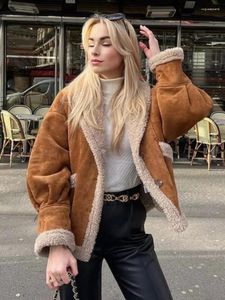 Kvinnorjackor 2023 Autumn Winter Suede Lamb Wool Patchwork Warm Coats High Street Girls Single Breasted Long Sleeve Thick Brown Jacket