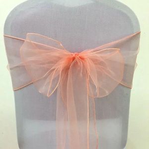 새시 50pcs 100pcs Peach Organza 의자 활 넥타이 엘 파티 이벤트 웨딩 장식 리본 새시 매듭 231018