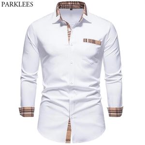 Parklees Autumn Plaid Patchwork Formalne koszule dla mężczyzn Slim Long Rleeve White Button Up Dress Business Office Camisas 220222225k