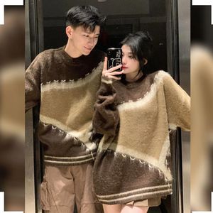 Suéteres femininos casais combinando roupas unissex outono e inverno cor contraste relaxado preguiçoso camisola de malha design sentimento roupas de casal