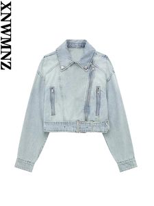 Kadın Ceketleri Xnwmnz Moda 2023 Denim Biker Ceket Kadınlar Vintage Kavuz Uzun Kollu Fermuar Kemeri Kadın Şık Ceket 231018