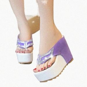 Nuevas mujeres Plataforma de verano Cuñas Zapatos Negro Púrpura Sandalias para damas Mujeres Bling Diapositivas Flip Flop ShoexwQu #