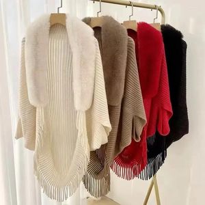 Scarves Women Winter Knitted Shawl With Faux Fur Collar Tassel Female Elegant Poncho Long Warm Wraps Cloak Cape Tops