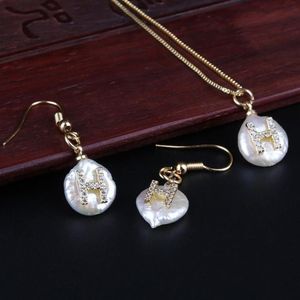 Real Pearl Paved 26 Alphabet Letter Charm White CZ Crystal Gold Pendant Choker Necklace Drop Earring Jewelry Set Wedding Gift Earr218P