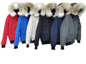 Homens Bomber Down Jacket Real Wolf Fur Com Capuz Lona Parkas Carta Patch Zipper Bolsos Quente Grosso Outwear Designer Mulheres Ruff Winter Coat140