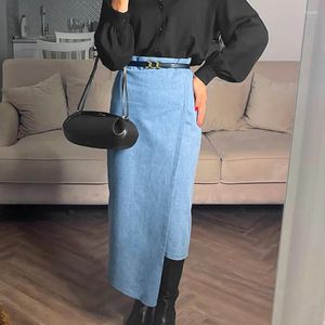 Gonne eleganti in denim irregolare maxi moda con spacco a vita alta per le donne gonna lunga allentata casual blu estate 2023