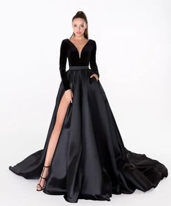 Prom Party-klänning Black aftonklänningar V-ringning Ny dragkedja plus storlek anpassad snörning golvlängd lårhög slitsar en linje långärmad satin illusion