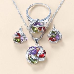 Necklace Earrings Set Colorful Stone Silver Color 925 Mark Wedding For Women Stud Bracelet And Ring Bridal Sets227u