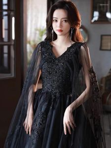 Vestidos de festa preto noite uma linha manga longa beading applique v-neck luxo renda tule vintage baile celebridade vestido feito sob encomenda