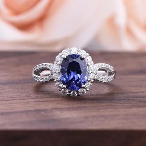 Pierścienie klastra Spring Qiaoer 925 Srebrny Owalny Sapphire Para dla kobiet Vintage High Carbon Diamond Cocktail Party Fine Jewelry