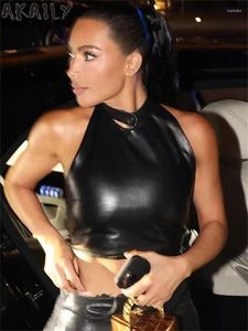 Kvinnors tankar Akaily Autumn Black Pu Leather Backless Sexy Tank Top Night Club Clothing for Woman 2023 Fashion Halter Sleeveless Bodycon