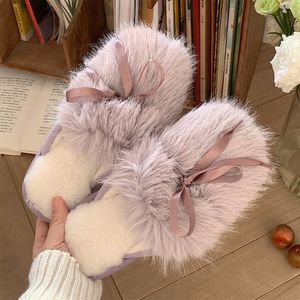 Womens autumn and winter purple grey pole Brown frenulum fluff Bow decoration leisure indoor soft bottom cotton slippers fashion home bedroom warm size 36-41