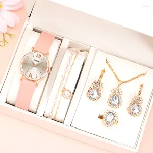 Relógios de pulso 6 pçs / conjunto moda mulheres jóias relógios simples senhoras rosa couro relógio de quartzo mulheres colar brincos pulseira pulso