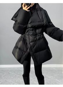 Women's Down Parkas Winter Puffer Jacket Down Coat Large Lapel Down Coat Female Black Waist Temperament White Duck Down Thick Coat