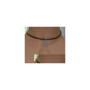 Hänge halsband säljer 10 st/lot tibetan sier hamsa hand med onda ögon hänge svart läder halsband smycken halsband hängen dhsjv