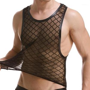 Erkek tank üstleri seksi iç çamaşırı sahne pist şovu gece kulübü Big Rhombic Hollow Out şeffaf örgü yelek takım elbise hip hop spandex 296g