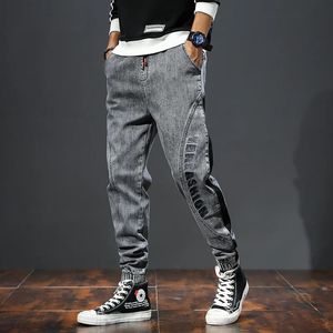 Men s hoodies tröjor mens jeans vårgrå denim pants joggers stretch baggy tvättad sida lapptäck elastiska wiast män homme 231018