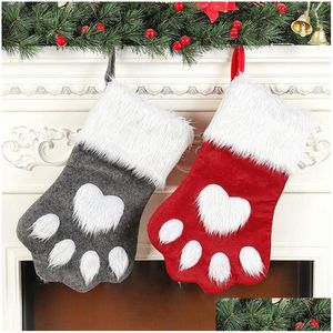 Decorações de Natal 18 polegadas Pet Dog Cat Patas Plush Stocking Enfeites Xmas Presente Sacos Vermelho Pendurado Lareira Família Férias Drop Deli Dhqds