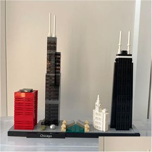 Blocchi di arte e artigianato Block Landmark Chicago Skyline Architecture Modello 444 pezzi Building Blocks Giocattoli di mattoni Set regalo per bambini compatibile con Otzqq