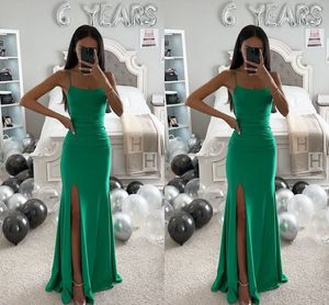 Elegant Green Mermaid aftonklänningar för kvinnor spaghettiremplattor Satin Hög sida delade formella tillfällen bär födelsedag kändis tävling parti prom klänningar