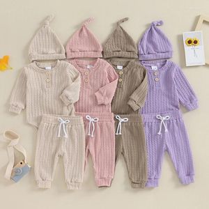 Kläder sätter våren 0-24 månader född baby pojke 3st kläder set långärmad jumpsuit byxor beanie hatt småbarn flicka outfit kostym