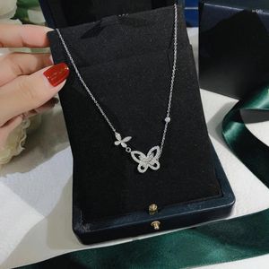 Chains 925 Stamp Silver Full Zircon Butterfly Necklace Female Shiny Pendant Clavicle Chain Party Jewelry