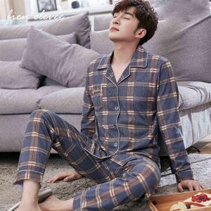 Conjuntos de pijama dos homens casa terno estilo moderno homem sleepwear 2 peças lounge dormir wear tops calças xadrez manga longa pj conjunto 211111219u