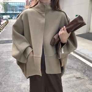 Women's Jackets SuperAen 2023 Fall Winter Vintage Stand Up Collar Loose Bat Sleeve Cape Style Tweed Top Jacket Women
